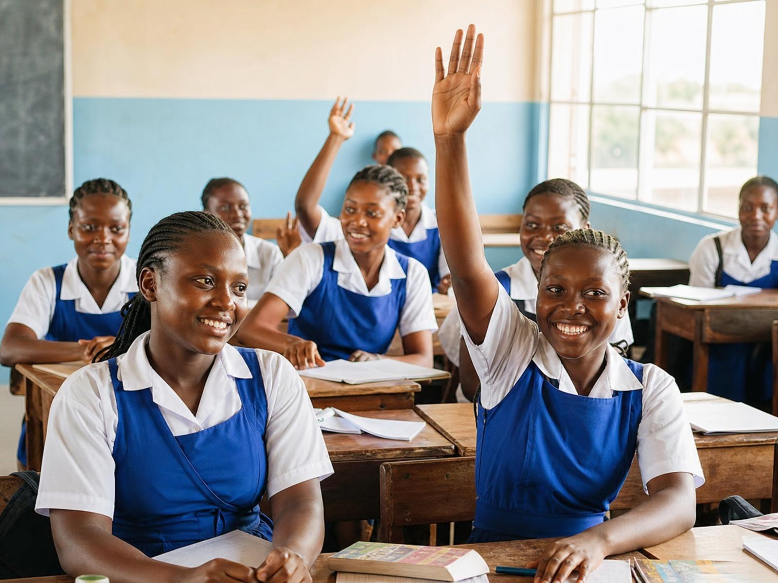Sierra Leonean schoolgirls raising their hands during a GESL leadership workshop